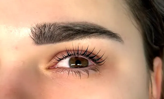 Kräftige, in Form gebrachte Augenbraue über verlängerten Wimpern